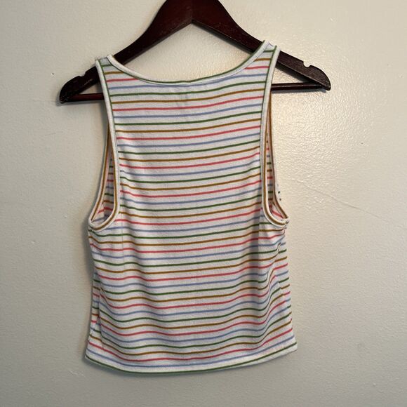 ALYA Cropped Pastel Striped Rainbow Racerback Tank, White Multicolor- Large - Picture 6 of 7